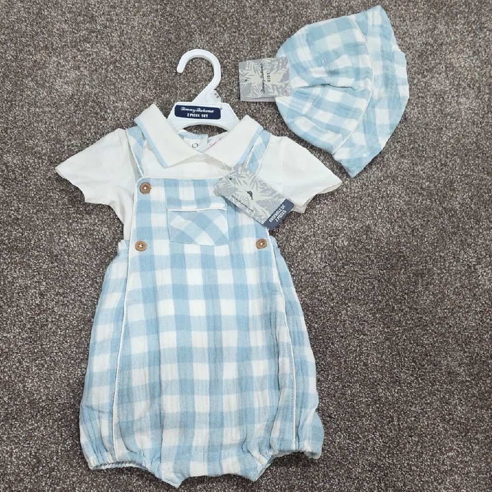 Blue and White Checkered Baby Romper with Hat
